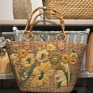 Woven Straw Tote Bag with Yellow Floral Embroidery